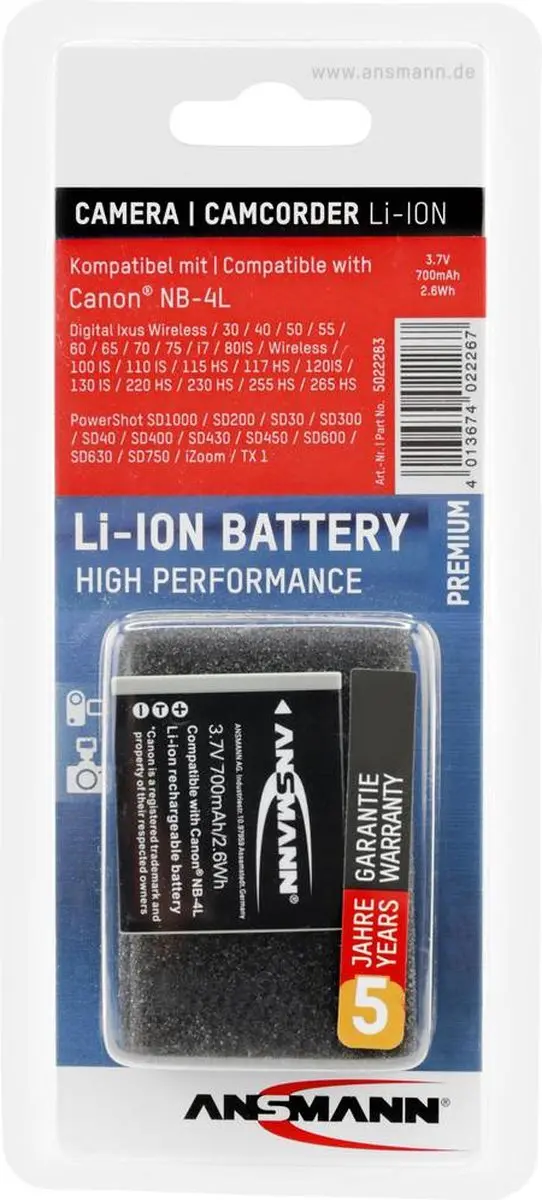 Ansmann NB4L Li-ion Accu 700mAh - Compactcamera