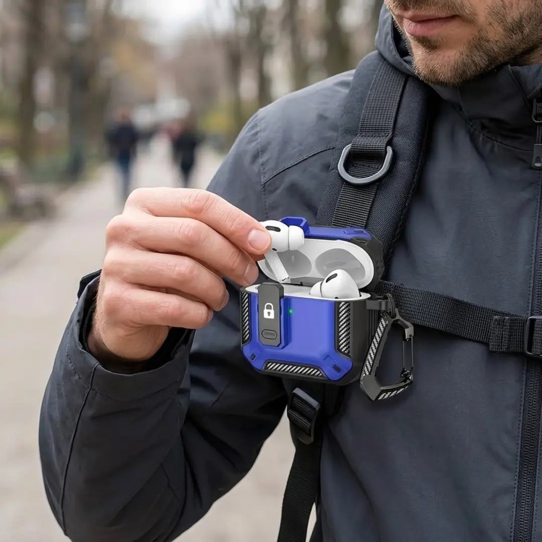 NUVEX Hoesje AirPods Pro 2 Blauw - Carbon Look - Met Schoonmaakset & Karabijnhaak