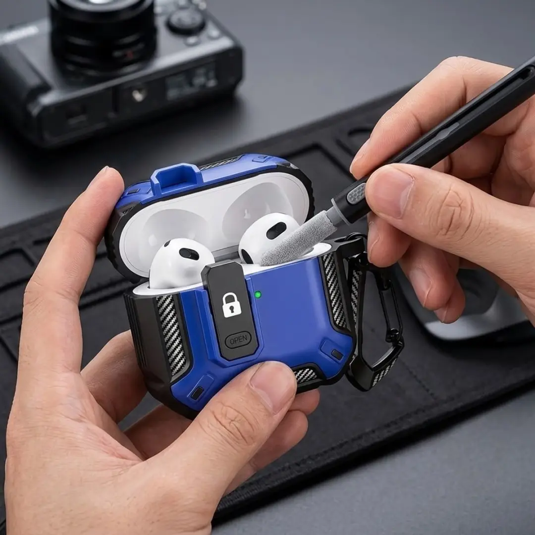 NUVEX Hoesje AirPods Pro 2 Blauw - Carbon Look - Met Schoonmaakset & Karabijnhaak