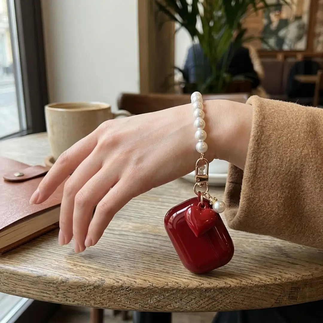 NUVEX Wijnrood Hoesje AirPods Pro 2 - met parel polsband & harthanger