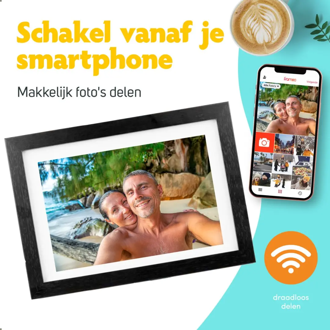 Pora&Co Digitale Fotolijst DASADASFAS123 - 10.1" HD IPS - WiFi/Frameo - Zwart/Hout