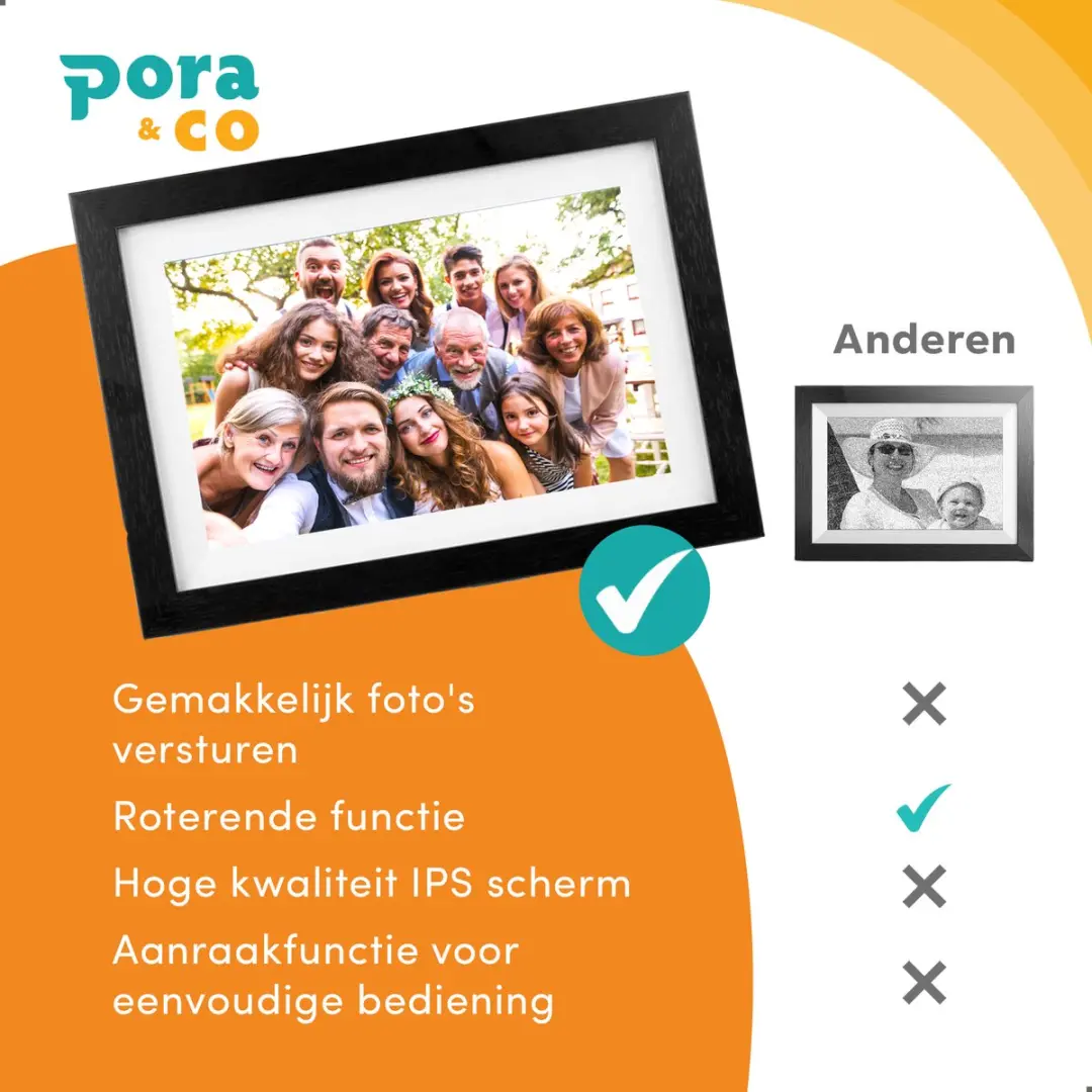 Pora&Co Digitale Fotolijst DASADASFAS123 - 10.1" HD IPS - WiFi/Frameo - Zwart/Hout