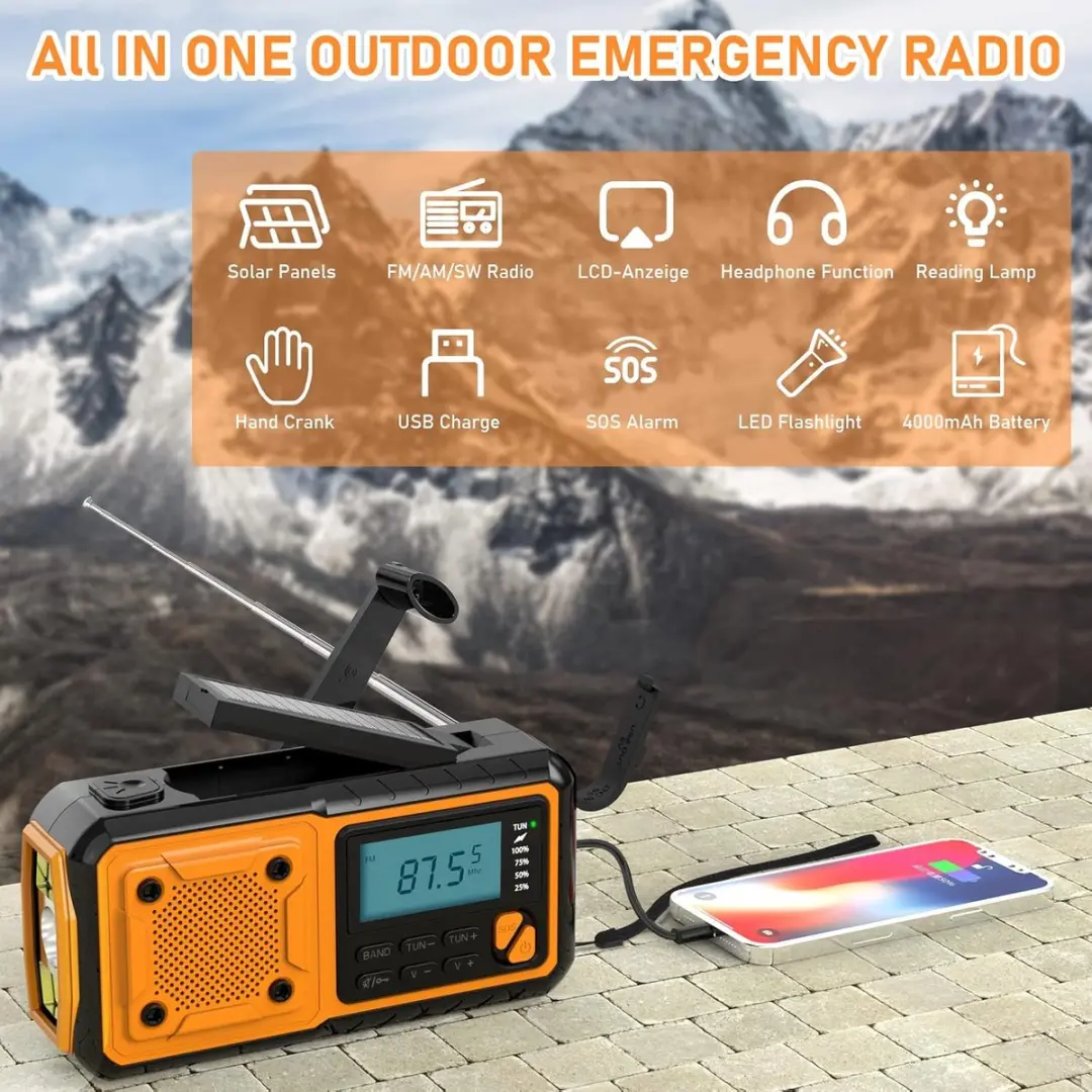 ECTEATOY Noodradio 25262400 - Solar/USB-C/Batterij 4000mAh - Oranje