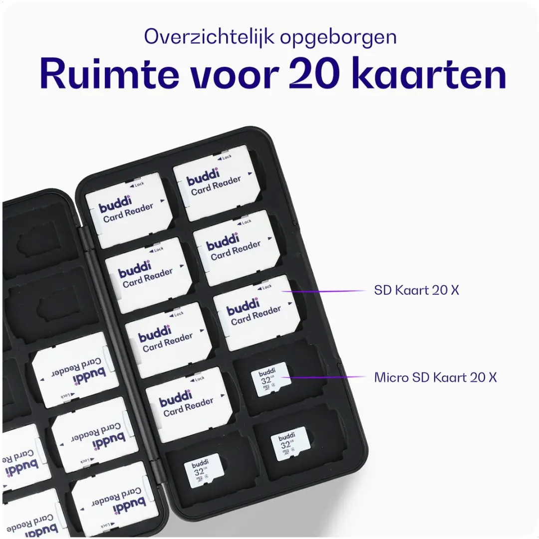 Buddi SD Kaart Houder - 20x SD/TF Kaarten - Zwart