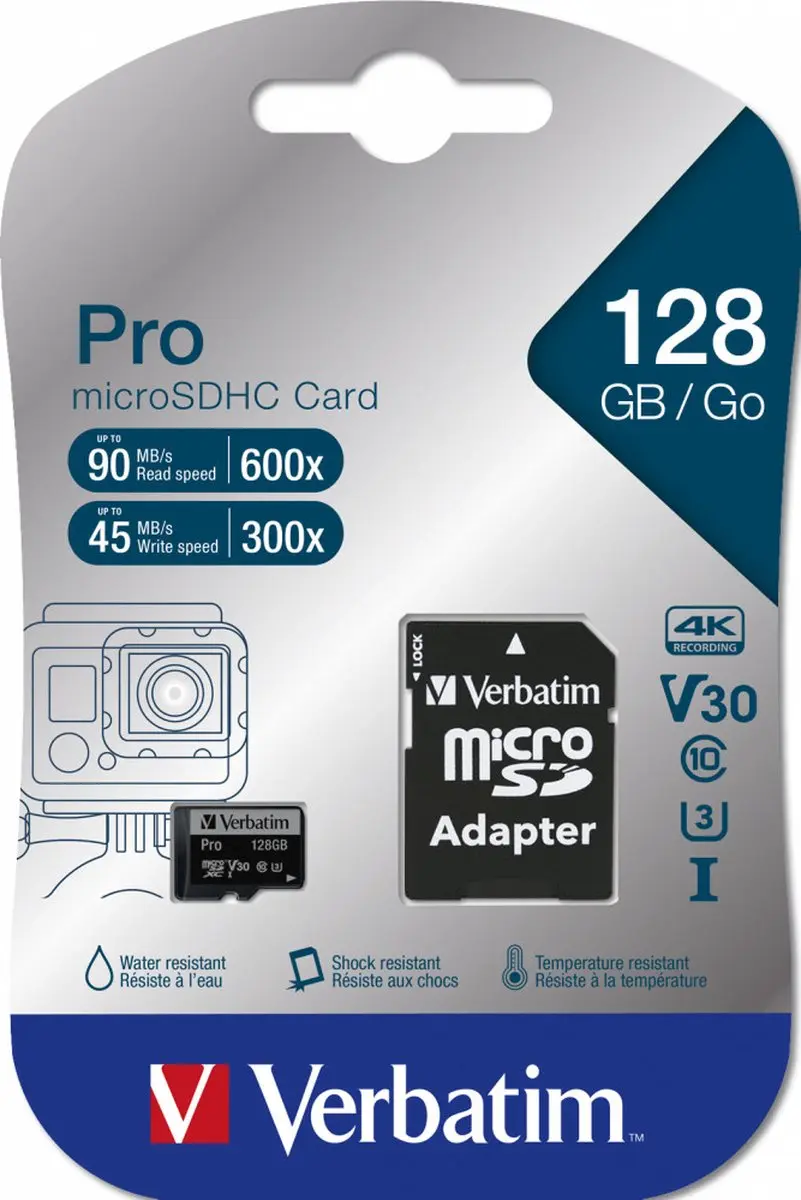 Verbatim microSDXC 128GB UHS-3 Class 10 Pro - Incl. adapter - Schokbestendig