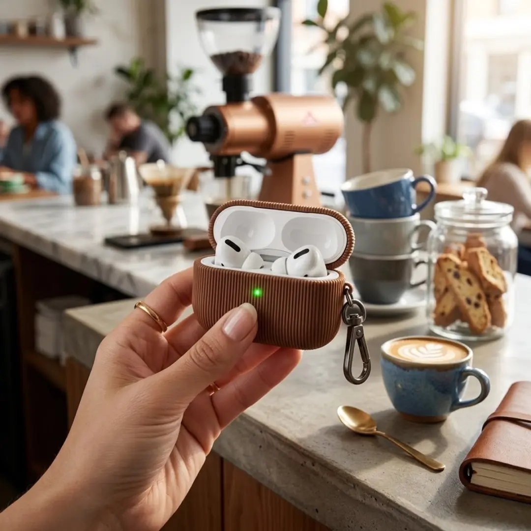 NUVEX Luxe Geribd Hoesje AirPods Pro 2 - Bruin - Met Sleutelhaak