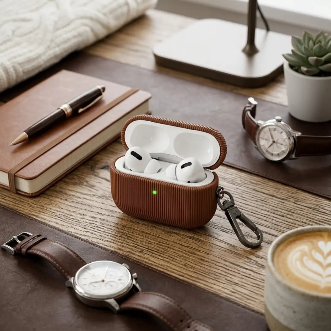 NUVEX Luxe Geribd Hoesje AirPods Pro 2 - Bruin - Met Sleutelhaak
