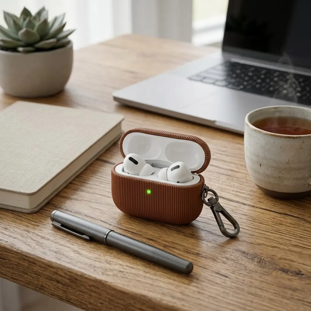 NUVEX Luxe Geribd Hoesje AirPods Pro 2 - Bruin - Met Sleutelhaak