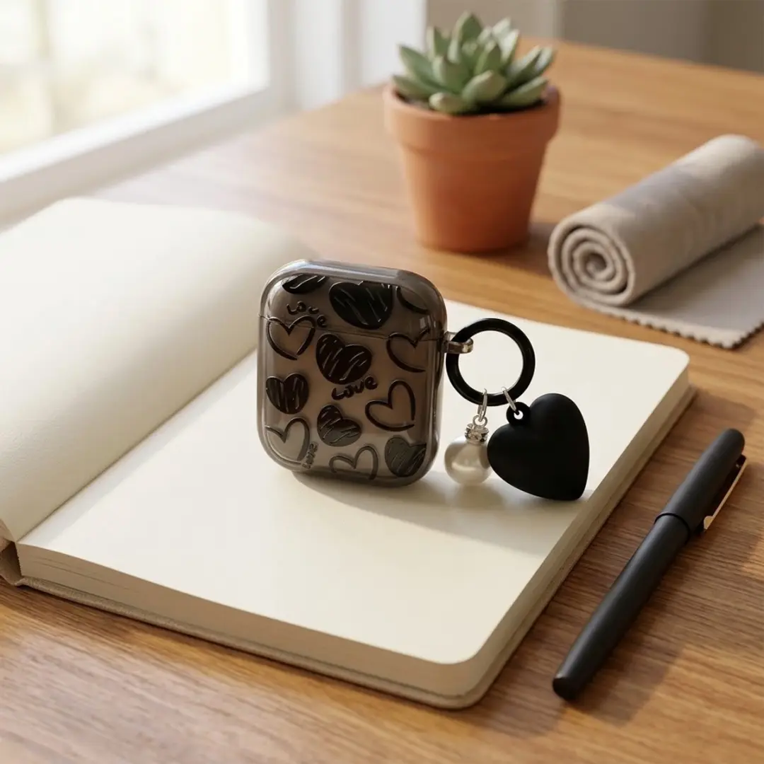 NUVEX Hoesje AirPods 4 - Zwart transparant met hartjespatroon