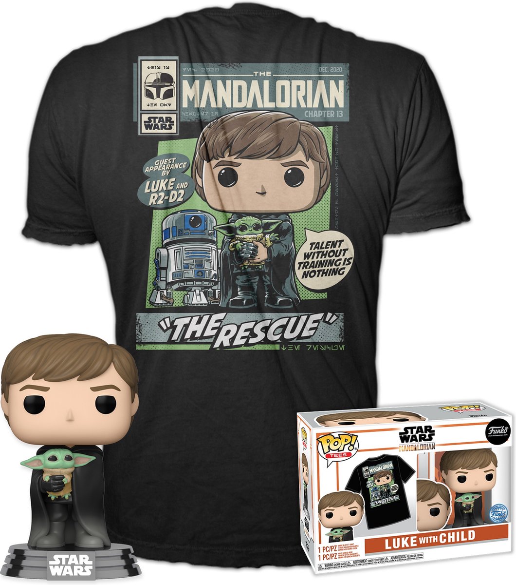 Funko Star Wars - POP! & Tee Box The Mandalorian Luke & Child Verzamelfiguur & Tshirt Set - S - Zwart