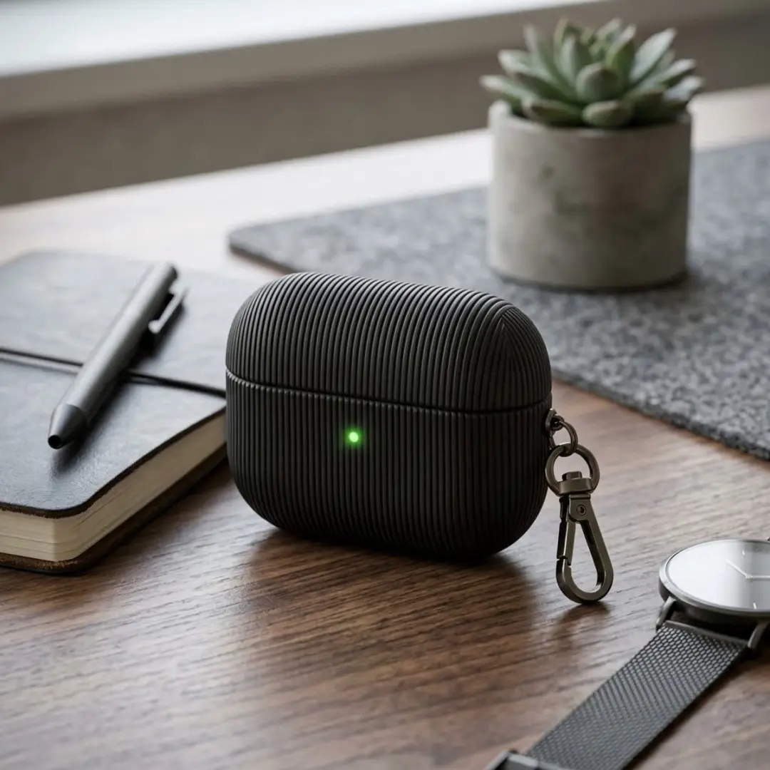 NUVEX Luxe Geribd Hoesje AirPods Pro 2 - Zwart - Metalen Sleutelhaak