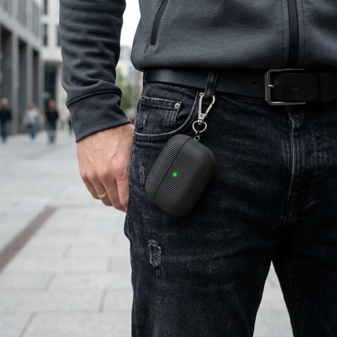 NUVEX Luxe Geribd Hoesje AirPods Pro 2 - Zwart - Metalen Sleutelhaak