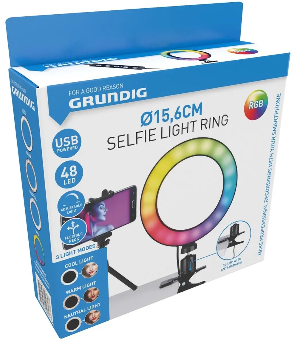 Grundig Ringlamp 16cm - 48 LED - USB - Zwart