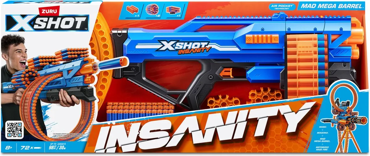 XSHOT Insanity Mad Mega Barrel Speelgoedblaster 72 Pijltjes - Oranje/Zwart/Blauw