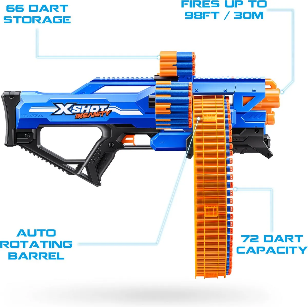 XSHOT Insanity Mad Mega Barrel Speelgoedblaster 72 Pijltjes - Oranje/Zwart/Blauw