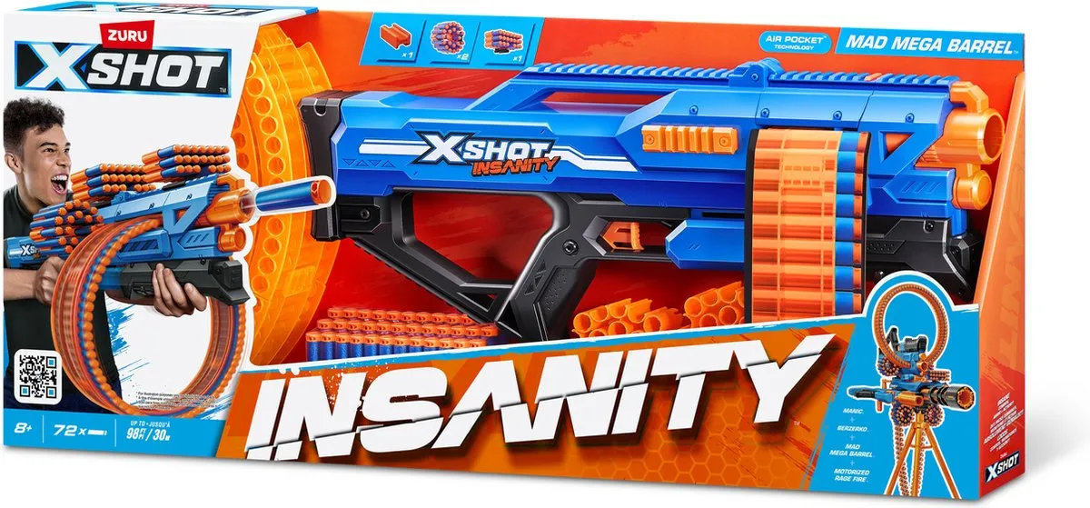 XSHOT Insanity Mad Mega Barrel Speelgoedblaster 72 Pijltjes - Oranje/Zwart/Blauw