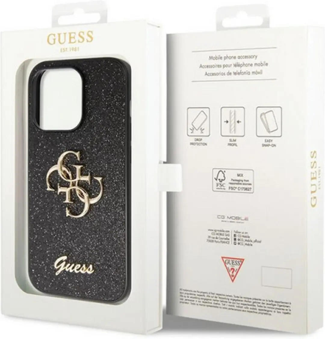 GUESS 4G Glitter Back Case iPhone 14 Pro Max - Zwart