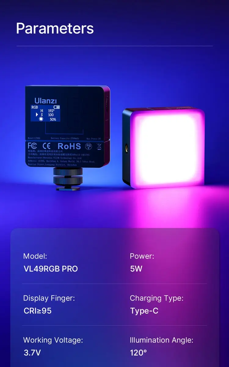 Ulanzi VL49 Pro Mini RGB Videolamp - 60 LED 9000K - Zwart