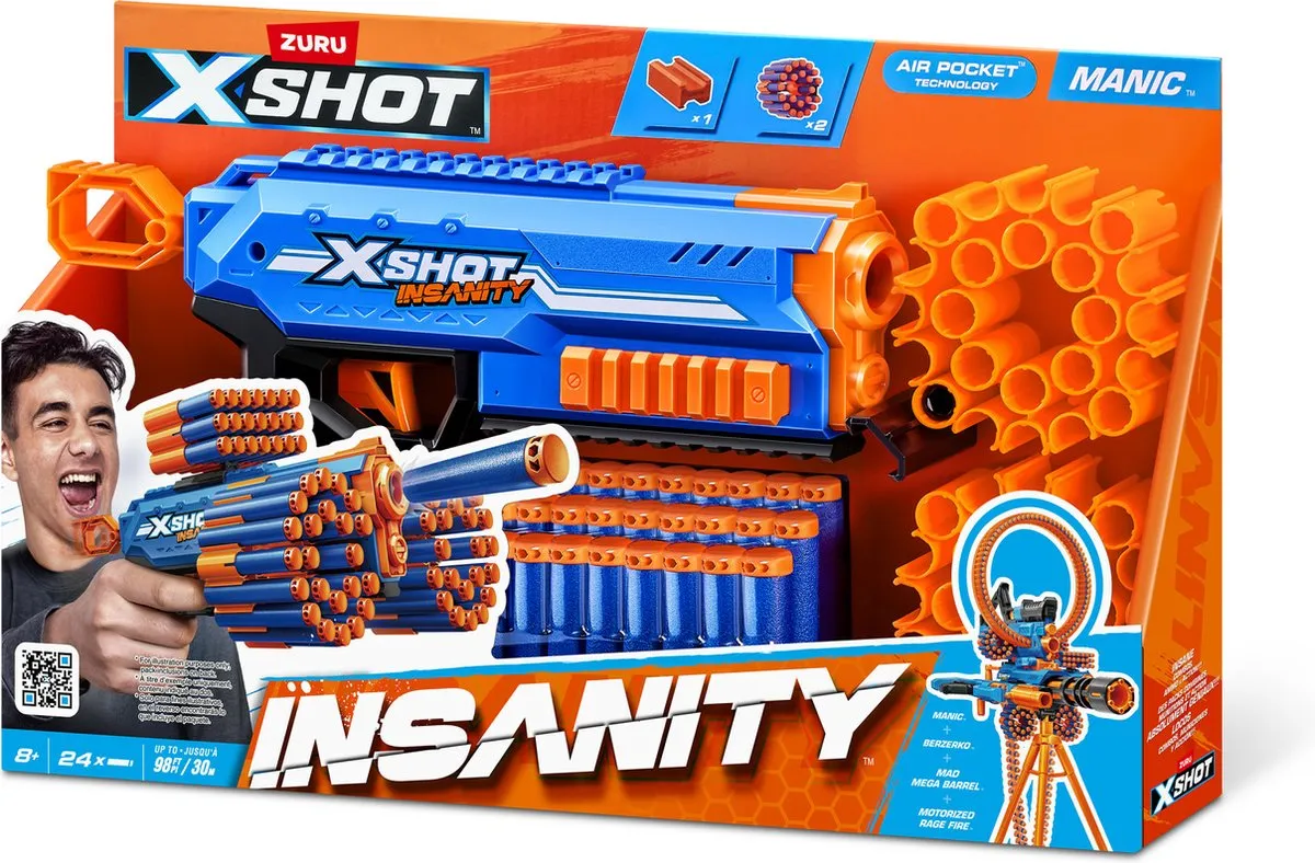 XSHOT Insanity Manic-Blaster 36603 - 24 Pijlen - Oranje/Zwart/Blauw