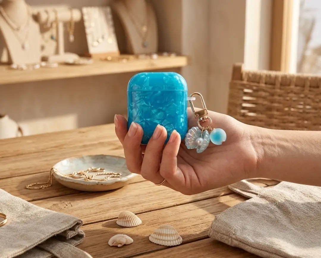 NuveX Hoesje AirPods Pro 2/3 - Blauw Transparant Parelmoer - Met Schelp Hanger