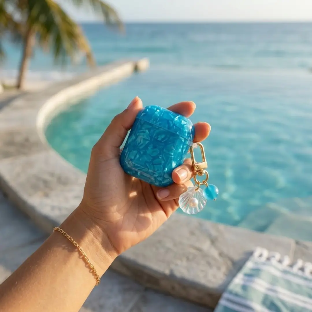 NuveX Hoesje AirPods Pro 2/3 - Blauw Transparant Parelmoer - Met Schelp Hanger