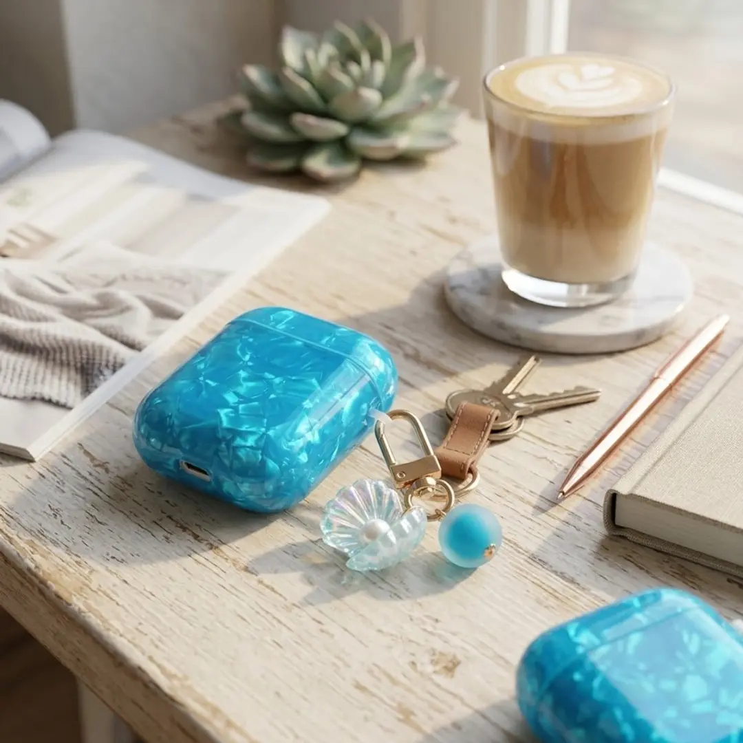 NuveX Hoesje AirPods Pro 2/3 - Blauw Transparant Parelmoer - Met Schelp Hanger