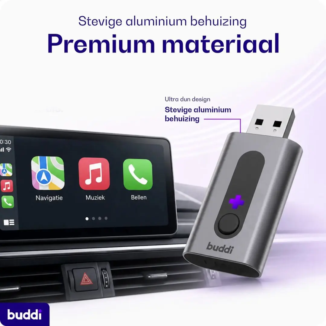 Buddi Play 3 Bluetooth Adapter Apple CarPlay Android Auto - USB-C/USB-A - Zwart