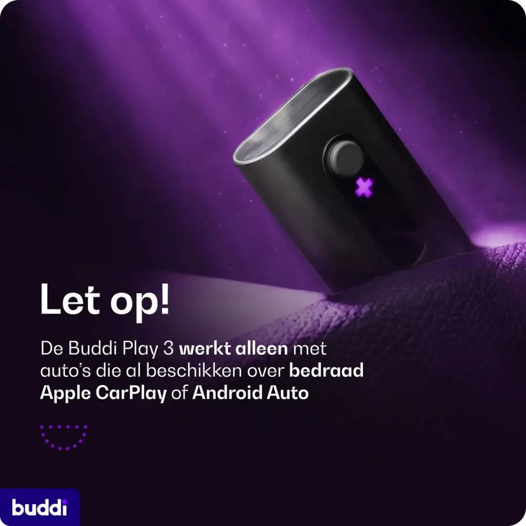 Buddi Play 3 Bluetooth Adapter Apple CarPlay Android Auto - USB-C/USB-A - Zwart