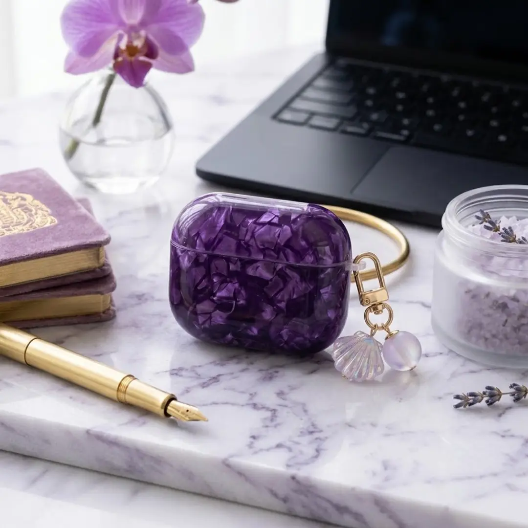 NUVEX Paars Hoesje AirPods Pro 2 - Transparant Parelmoer met Schelp Hanger