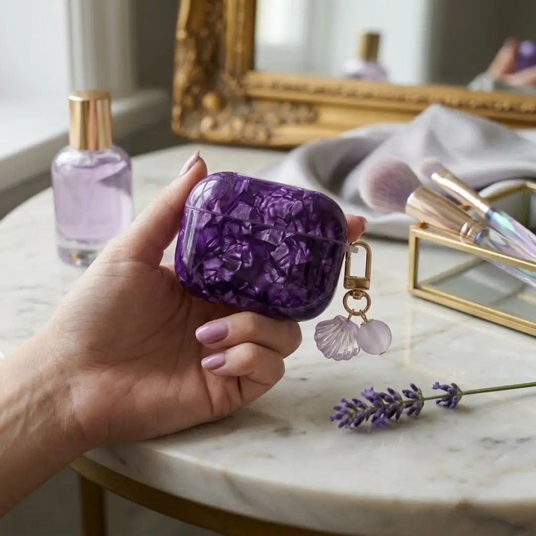 NUVEX Paars Hoesje AirPods Pro 2 - Transparant Parelmoer met Schelp Hanger