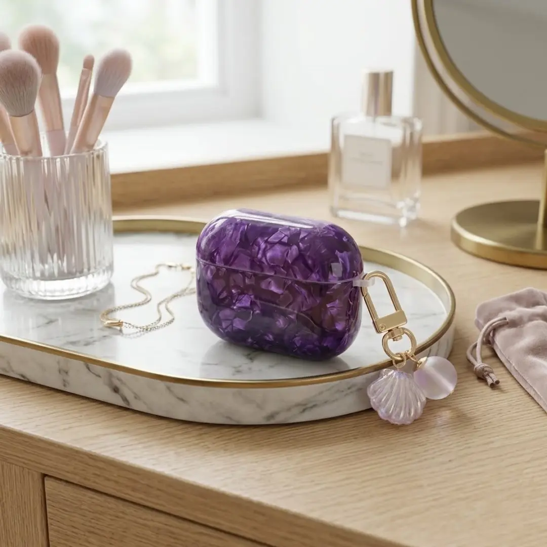 NUVEX Paars Hoesje AirPods Pro 2 - Transparant Parelmoer met Schelp Hanger