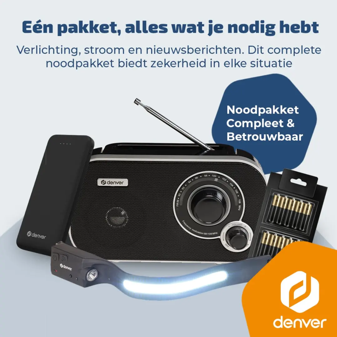 Denver Noodpakket NDCMPKT25 - Noodradio Powerbank Hoofdlamp - 10x AA