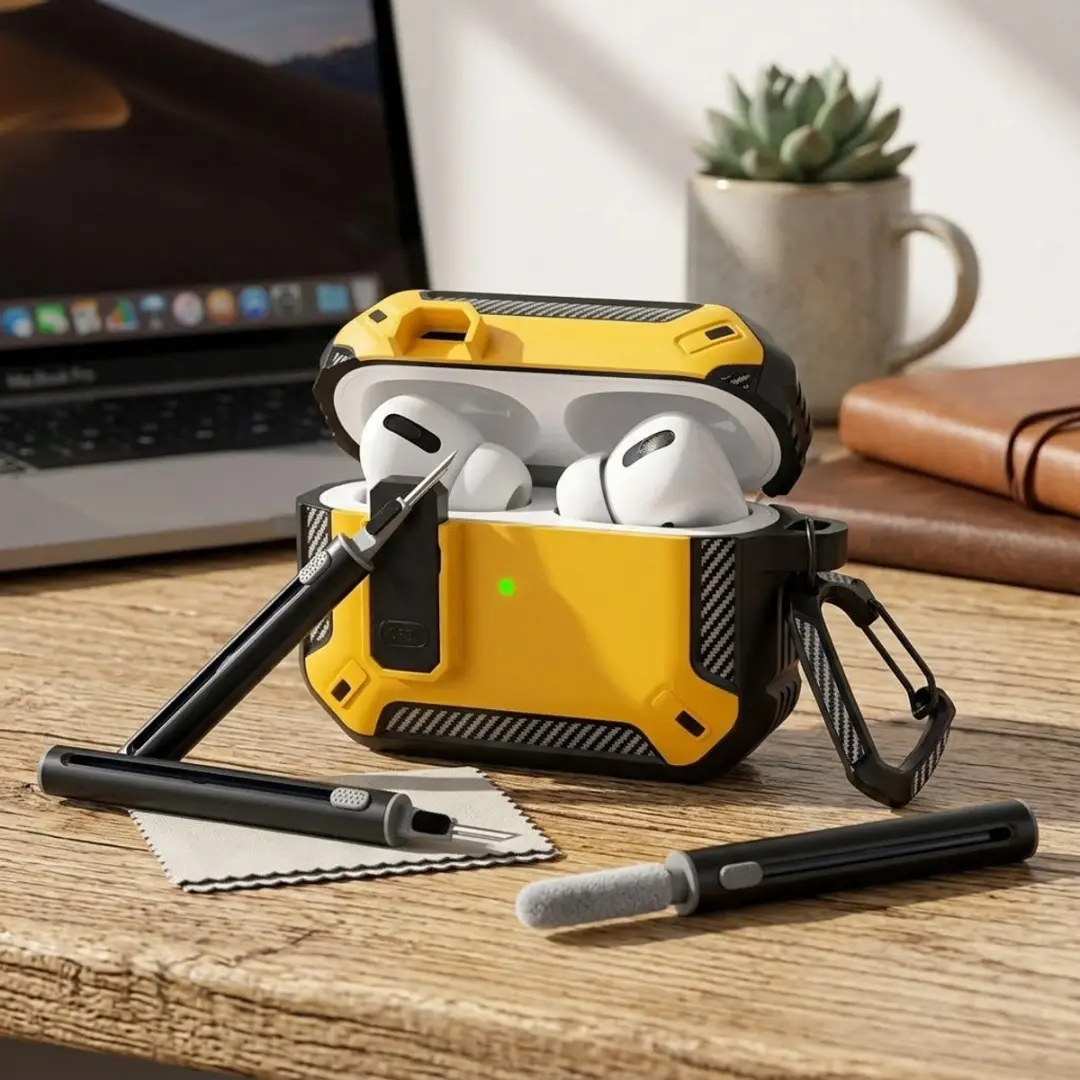 NUVEX Hoesje AirPods Pro 2 Geel - Carbon Look - inclusief Schoonmaakset & Karabijnhaak