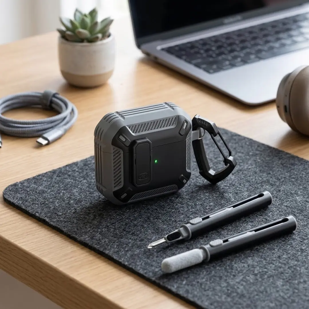 NUVEX AirPods Pro 2 Hoesje Grijs - Carbon Look - met Karabijnhaak & Schoonmaakset
