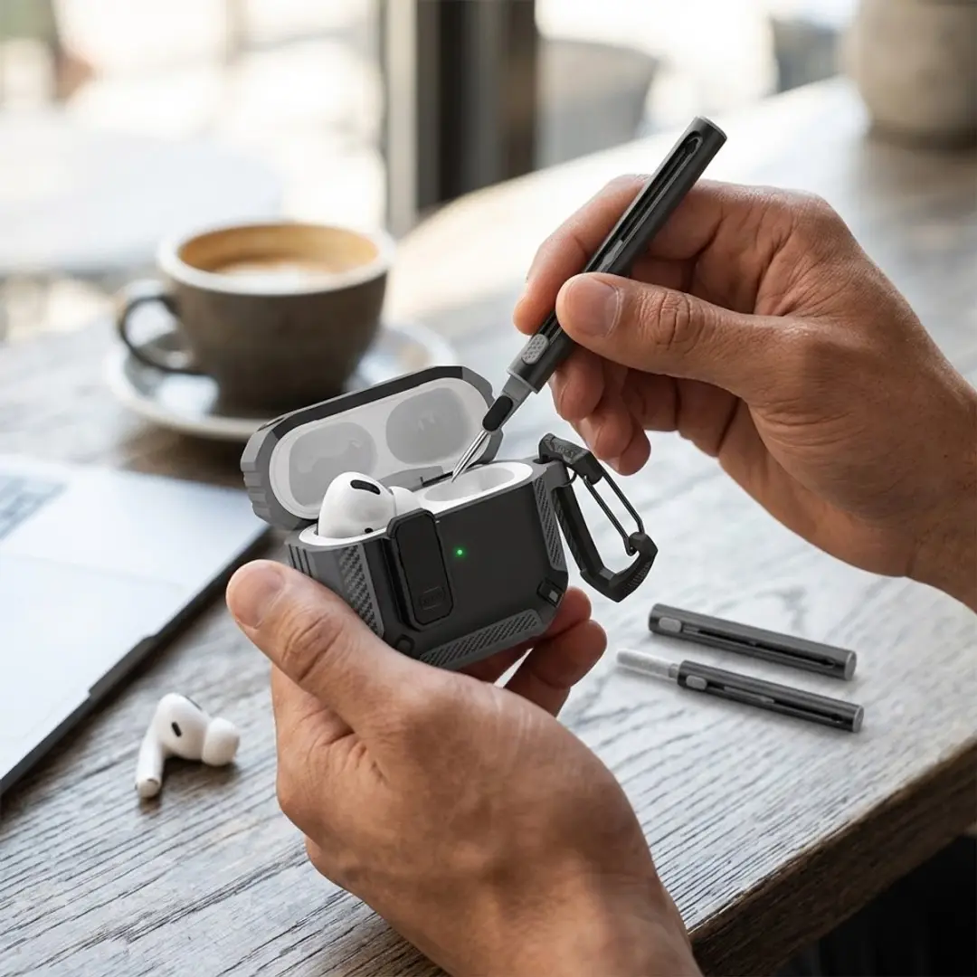 NUVEX AirPods Pro 2 Hoesje Grijs - Carbon Look - met Karabijnhaak & Schoonmaakset