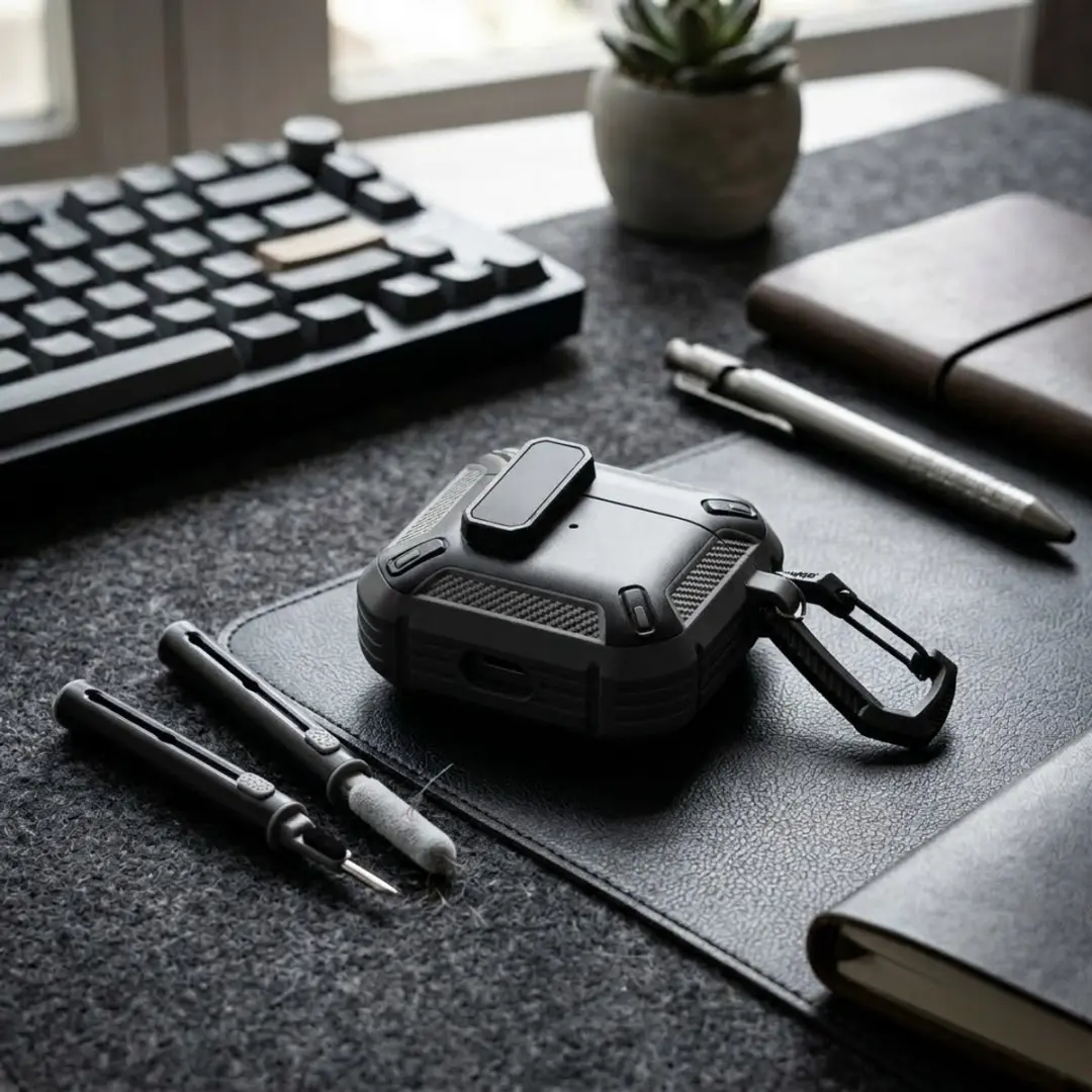 NUVEX AirPods Pro 2 Hoesje Grijs - Carbon Look - met Karabijnhaak & Schoonmaakset