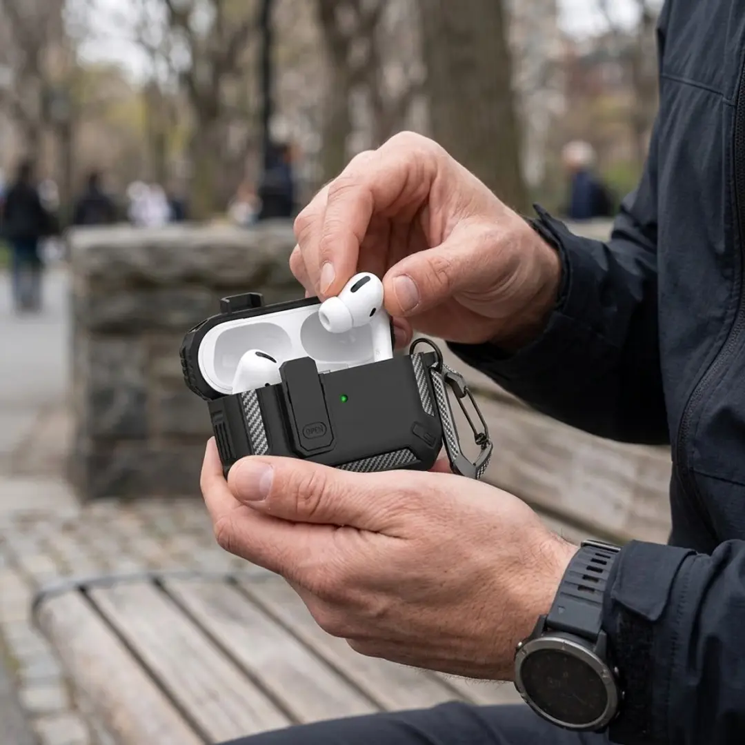 NUVEX Hoesje AirPods Pro 2 Carbon - Zwart - inclusief Schoonmaakset & Karabijnhaak