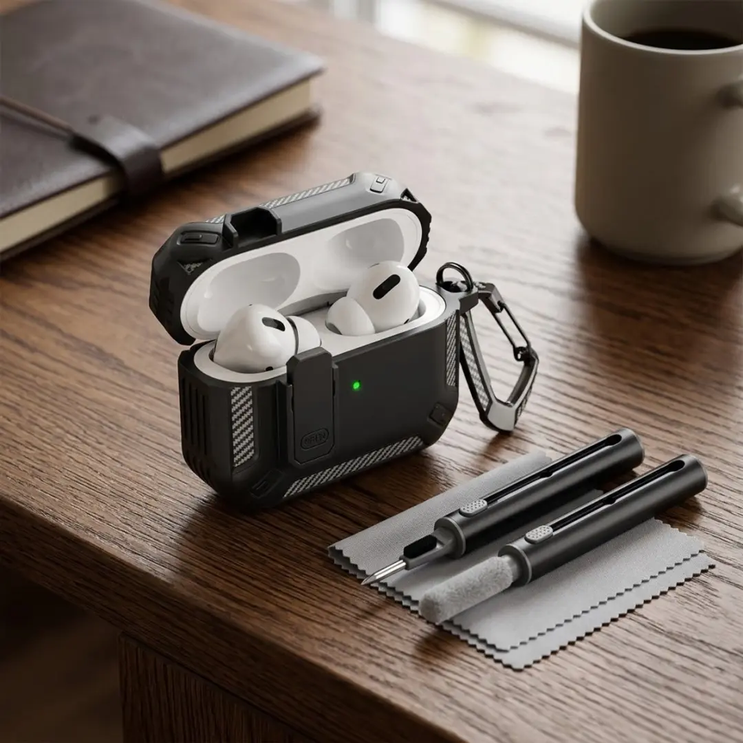 NUVEX Hoesje AirPods Pro 2 Carbon - Zwart - inclusief Schoonmaakset & Karabijnhaak