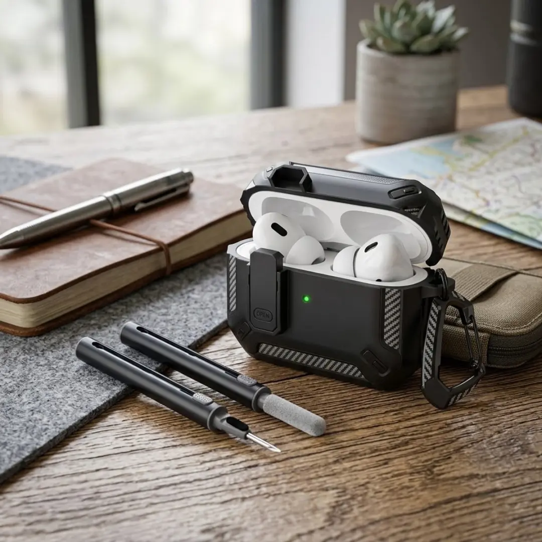NUVEX Hoesje AirPods Pro 2 Carbon - Zwart - inclusief Schoonmaakset & Karabijnhaak