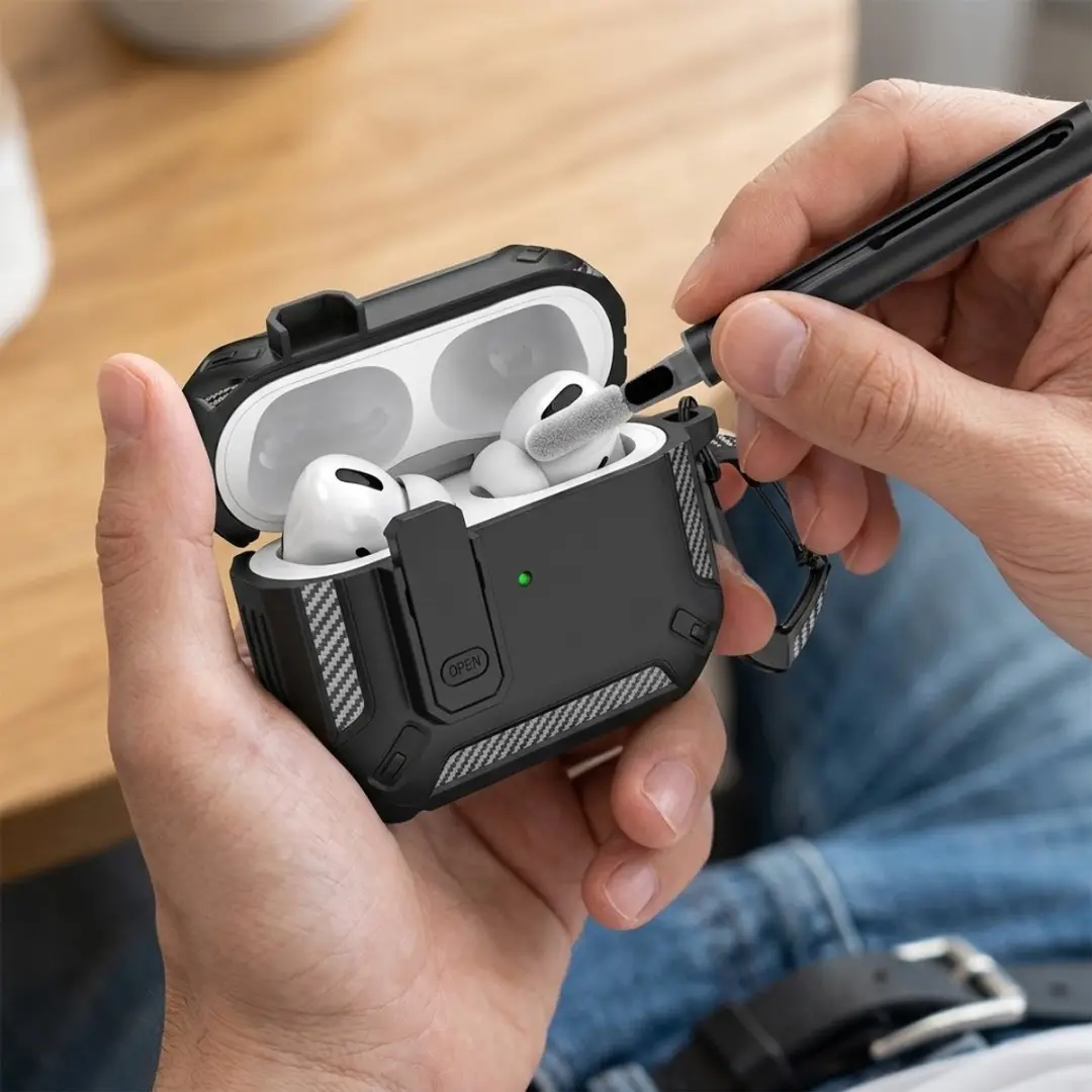 NUVEX Hoesje AirPods Pro 2 Carbon - Zwart - inclusief Schoonmaakset & Karabijnhaak