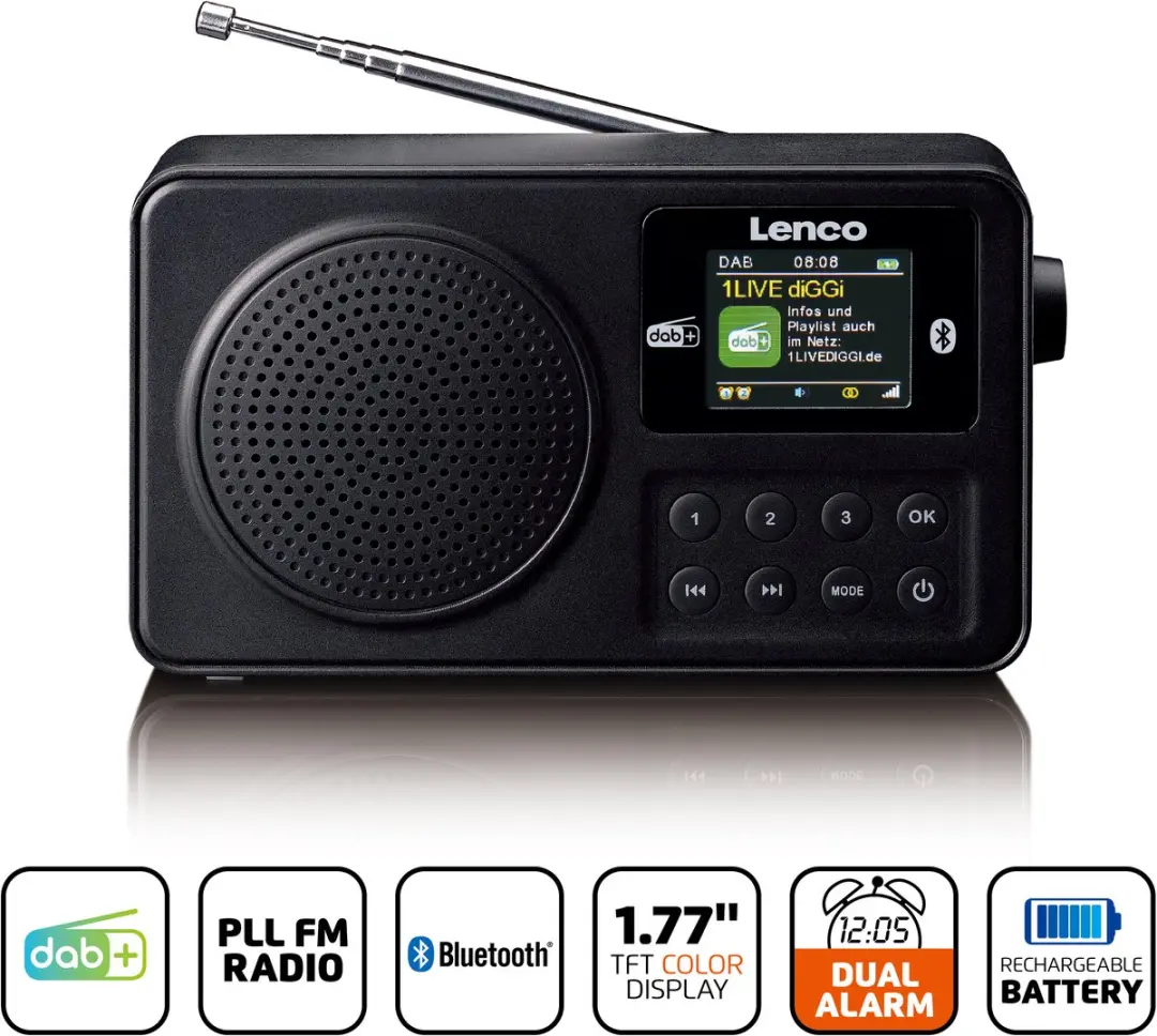 Lenco PDR-033BK Draagbare DAB+ Radio - Bluetooth - 10 uur Accu - Zwart