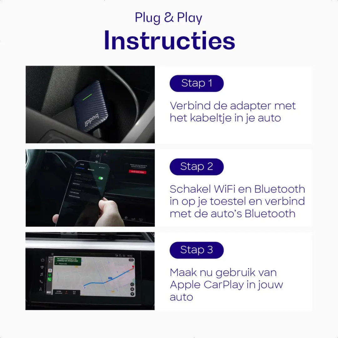 Buddi Play Bluetooth Adapter Apple CarPlay - Draadloos - Blauw