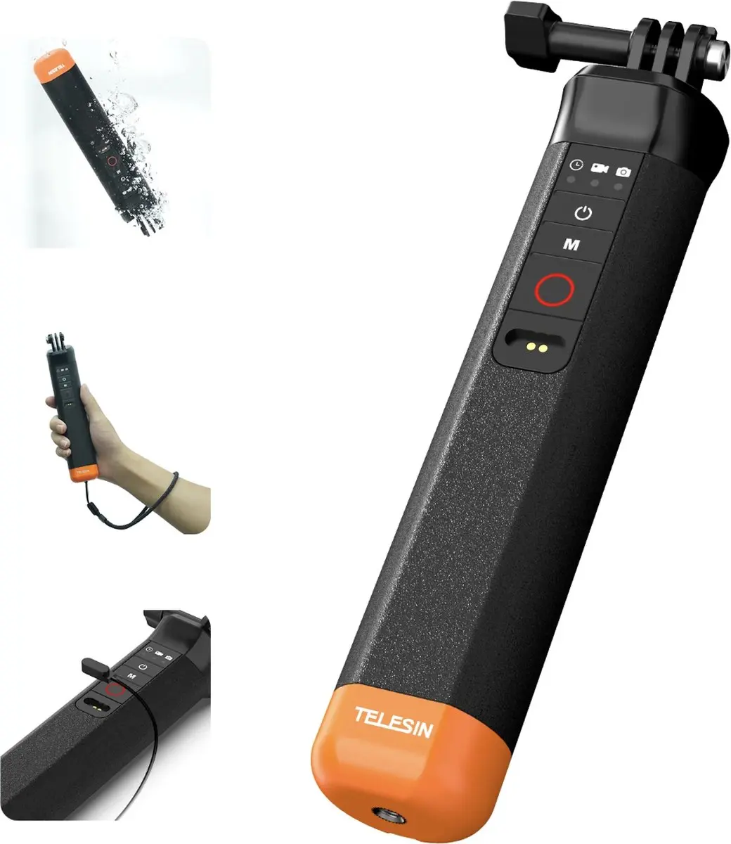 Telesin Onderwater Bobber Drijvende Handgreep - GoPro 8/13 - 15m Waterdicht - Zwart/Oranje - afbeelding 2 van 6