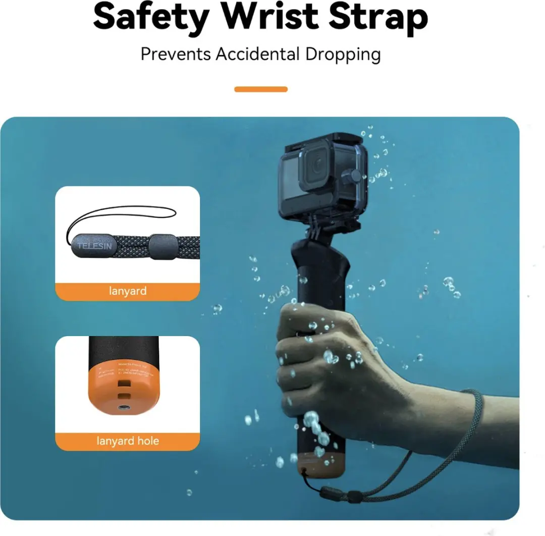 Telesin Onderwater Bobber Drijvende Handgreep - GoPro 8/13 - 15m Waterdicht - Zwart/Oranje - afbeelding 3 van 6