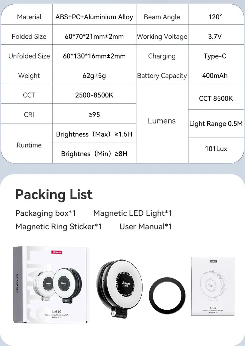 Ulanzi LM19 MagSafe Ringlamp L049GBB1 - 24 LED 8500K - Zwart