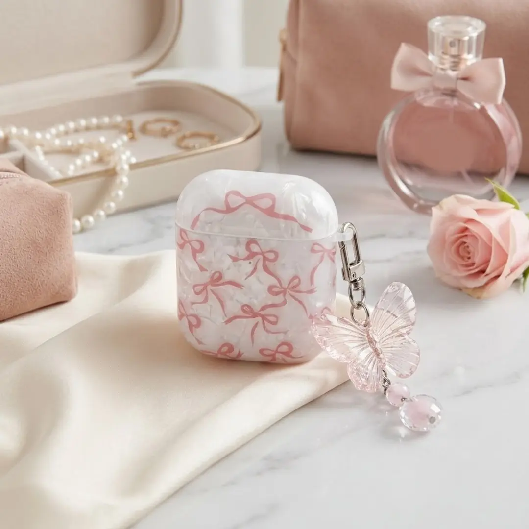 NUVEX Hoesje AirPods Pro 2/3 - Wit - Parelmoer met roze strik & vlinder
