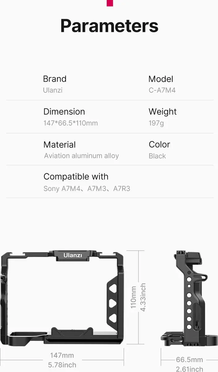 Ulanzi 2896 Metal Cage voor Sony A7 III/IV & A7R III - Zwart