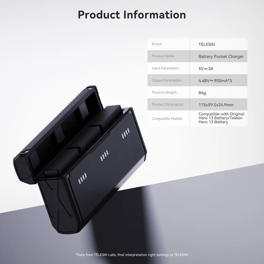 Telesin Pocket Oplaadcase GoPro Hero 13 - 3 Batterijen - Zwart - afbeelding 6 van 6