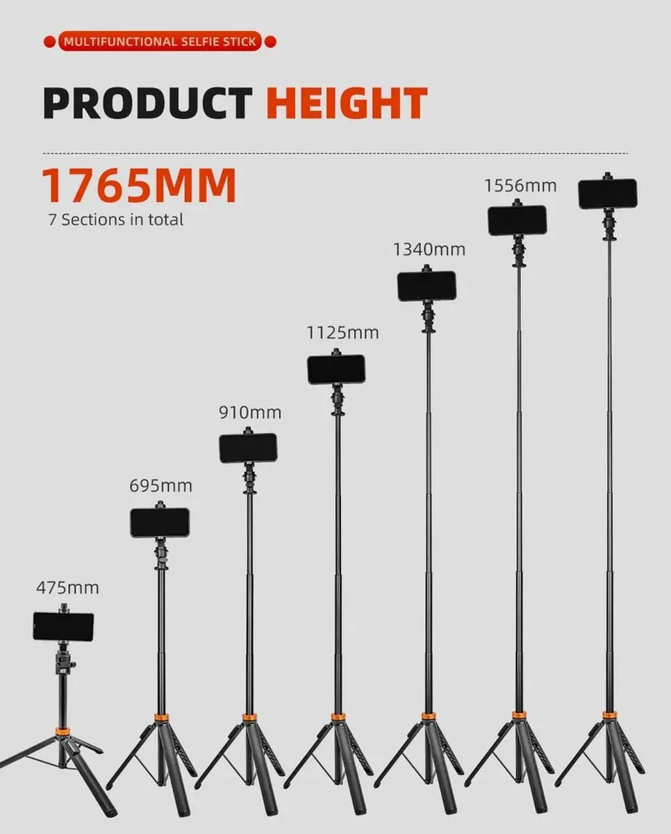 Kingjoy M080 Selfiestick/Tripod - 6 Secties - Zwart