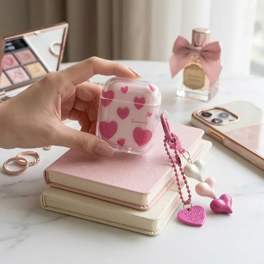 NUVEX Hoesje AirPods 4 Transparant Roze - Met Hartjes Design & Hanger